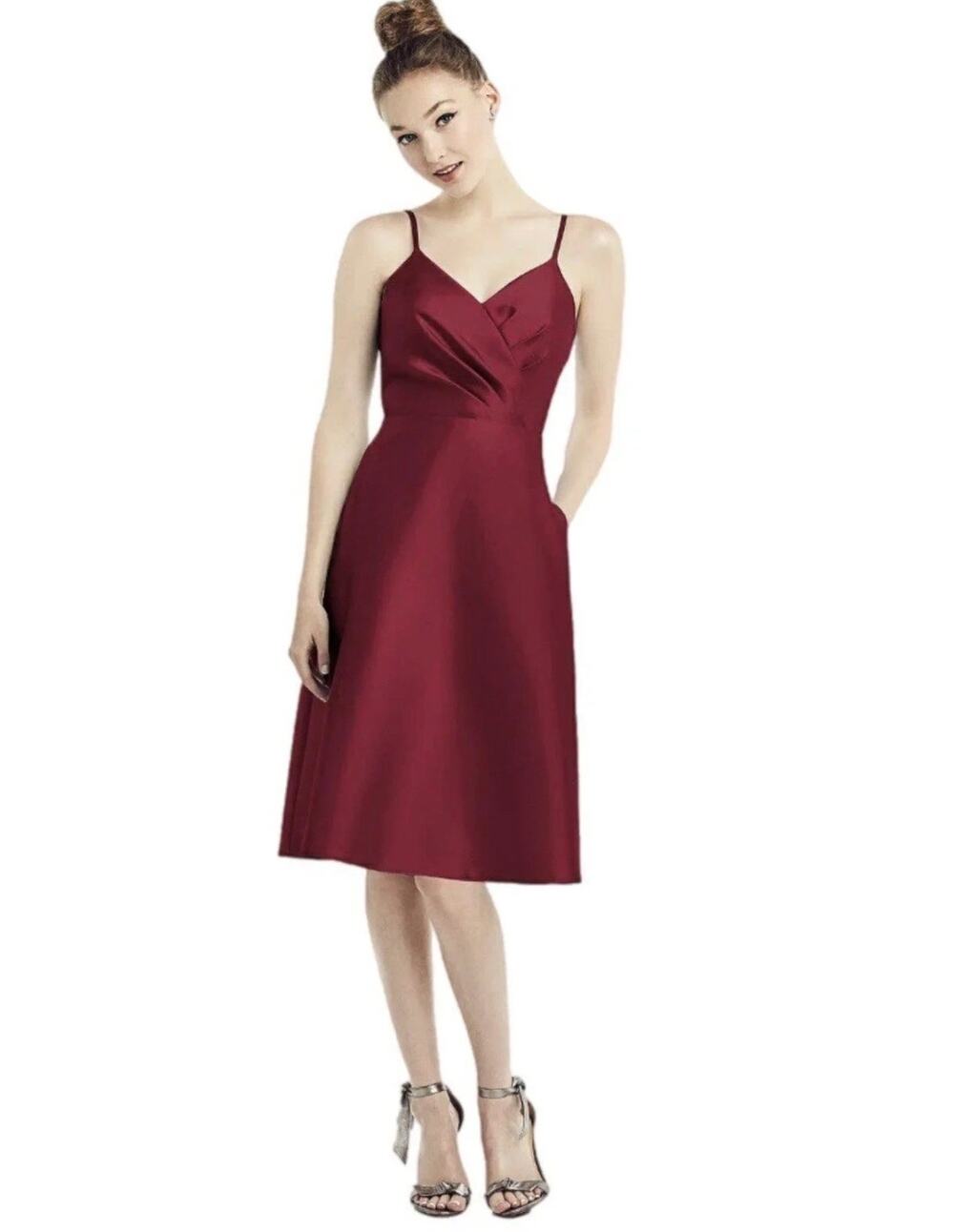 NWT Alfred Sung Burgundy Satin Twill V-Neck Cocktail Midi Dress Pockets 6